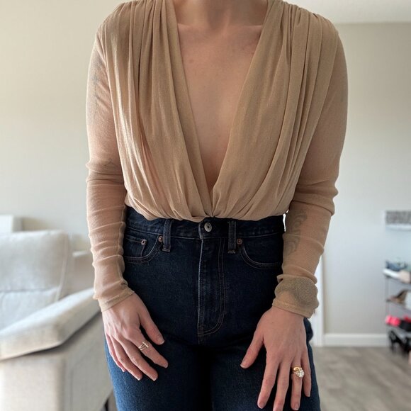 Abercrombie Mesh Net Draped Top (Bodysuit) in Shimmery Pale Tan, Size M - Picture 6 of 6